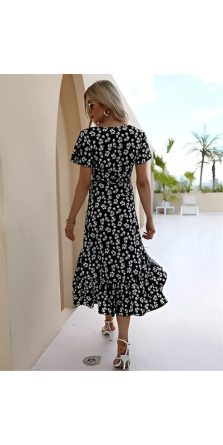 Zafry Summer V Neck Wrap Dresses for Women UK Floral Print Boho Sundress Short Sleeve Belted Ruffle Hem A-Line Bohemian Chiffon Maxi Dresses